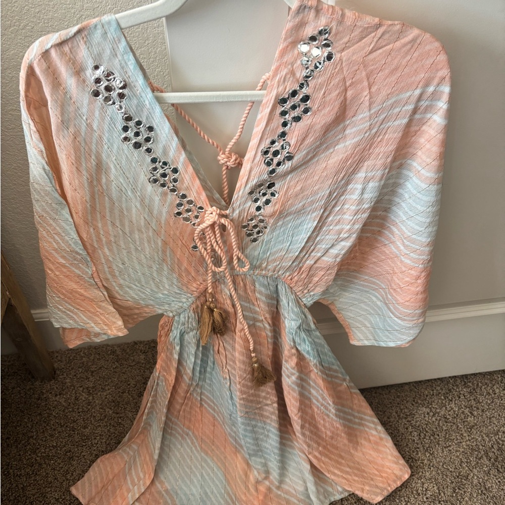 Pastel Striped Kaftan with Embellishments